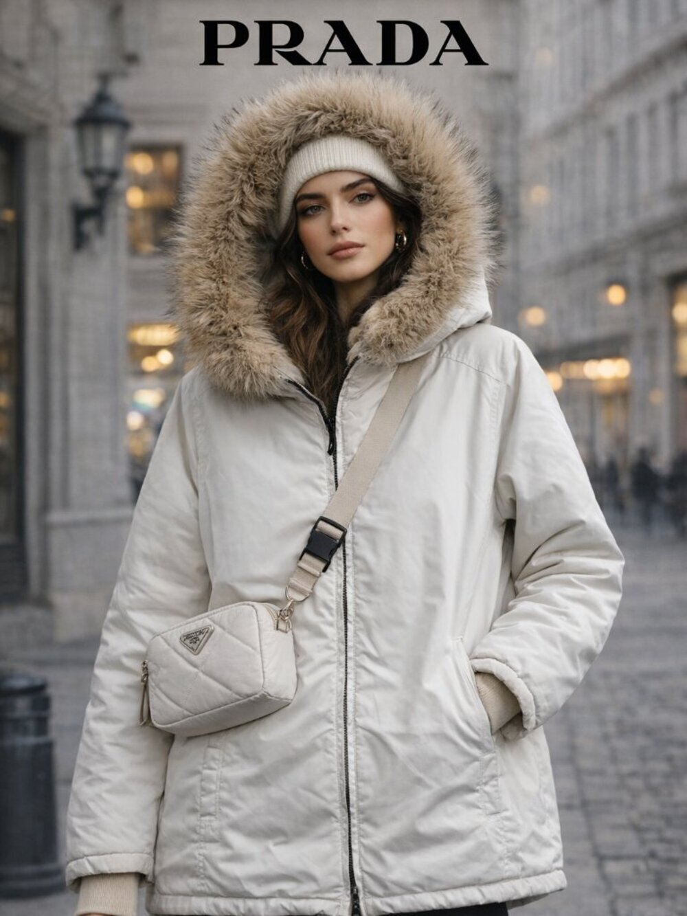 PRADA Sport Linea Rossa Gore-Tex Jacket Womens 42 White Real Fur Hood Nylon Coat